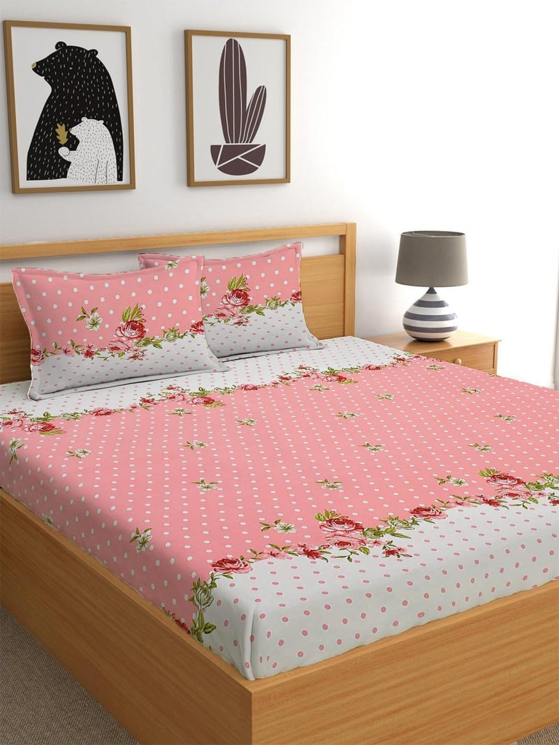 STARNSTYLE Premium 160 TC Egyptian Cotton Blend Floral Printed Double Bedsheet Set with 2 Pillow Covers - 228 x 228 cm Pink White - Image 1